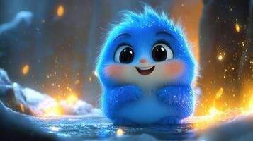 Cute, fluffy, blue creature in magical forest setting photo