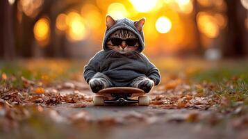 Cat skater in hoodie and sunglasses photo