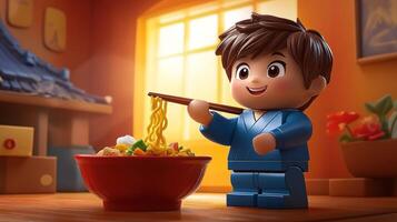 Child enjoying noodles in cozy room photo