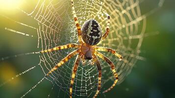 A spider rests on its dew covered web in sunlight photo