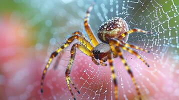 Dew Covered Spider On Web A Close Up View photo