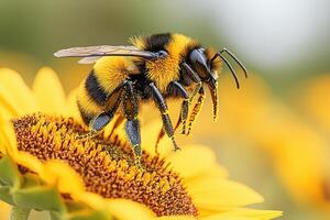 A fuzzy bumblebee perched on a bright sunflower photo