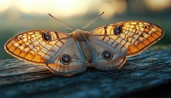 Golden Moth at Sunset Resting on Wood photo