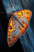 A luminous moth rests on dark wood photo