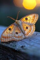 Sunset illuminates a beautiful moth resting on wood photo