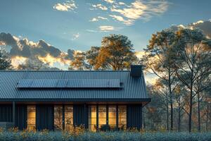 Modern Solar Powered Home nestled in Autumn Woods photo