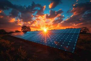 Solar Panels Glowing at Sunset Over Trees and Field photo