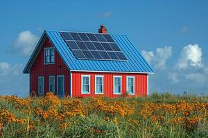 Red house with blue roof and solar panels in a field of flowers photo