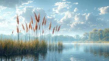 Serene lake scene with tall grasses under a cloudy sky photo