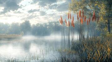 Serene Autumn Lake Mist Morning Scene With Tall Grasses photo