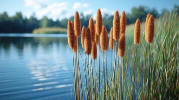 Golden cattails by a tranquil lakeside scene photo