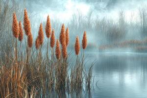 Autumnal reeds stand tall by a misty lake photo