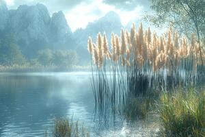 Serene Mountain Lake with Pampas Grass and Mist photo