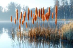 Golden Reeds Reflecting in Calm Water at Dawn photo
