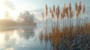 Serene morning mist over calm lake with tall grasses photo