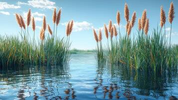 Serene Lakeside Scene With Tall Grasses Under A Blue Sky photo