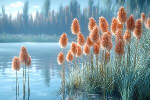 Peach colored flowers by calm lake water photo