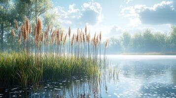 Serene Lakeside Scene With Tall Grasses Under A Sunny Sky photo