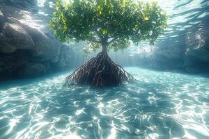 Underwater Mangrove Tree Rooted in Crystal Clear Water photo