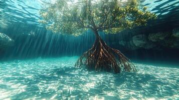Underwater Mangrove Tree Beams Ocean Floor photo