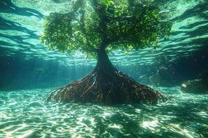Underwater Mangrove Tree Sunlight Rays Ocean Floor photo