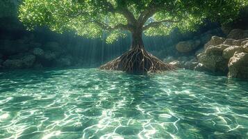 Lush Green Tree Overhanging Calm Water Rocks photo