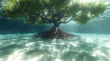 Underwater Mangrove Tree With Exposed Roots In Shallow Water photo