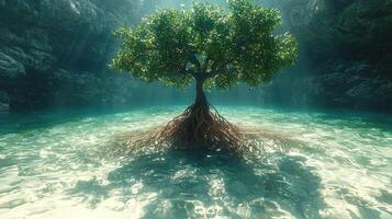 Serene Mangrove Tree in Tranquil Underwater Grotto photo