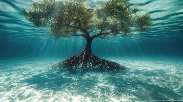 Underwater Mangrove Tree Sunlight Beams Ocean Floor photo