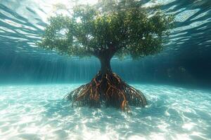 Underwater Mangrove Tree Sunlight Illuminates Roots photo