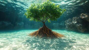 Underwater Mangrove Tree in Sunlit Shallow Water photo