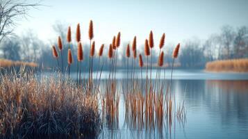 Tall grasses stand elegantly by a calm lake photo