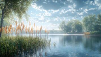 Serene Lakeside Morning with Golden Reeds and Birds photo