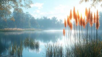 Serene autumn sunrise over tranquil lake with tall grasses photo