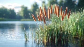Golden cattails flourish by a tranquil lake shore photo