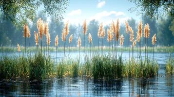 Serene Lakeside Grasses Bask In Summer Sunlight photo