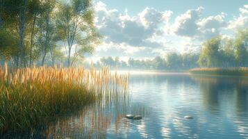 Serene Lakeside Dawn with Golden Grass and Trees photo