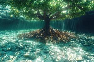 Underwater Tree With Extensive Root System And Sunlight Beams photo