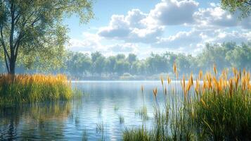 Serene Lakeside Summer Landscape With Golden Reeds photo