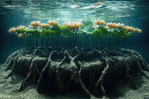 Underwater Lotus Blooms and Extensive Root System photo