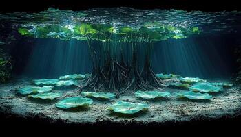 Underwater Scene of Lotus Plants and Roots photo