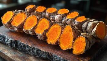 Sliced Turmeric Roots On Wooden Board Displaying Vibrant Orange photo
