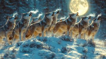 A pack of wolves howls under a winter moon photo