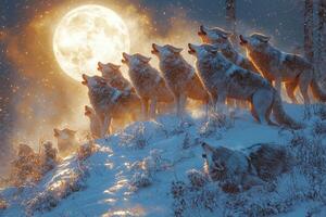 Wolves Howling at a Bright Winter Moon photo
