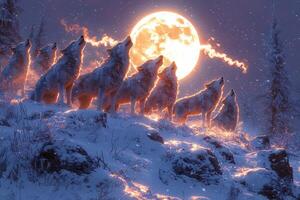 White Wolves Howling Beneath a Fiery Moon in Winter photo