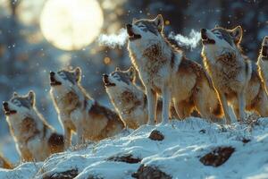 A Pack Of Wolves Howling In A Snowy Winter Landscape photo