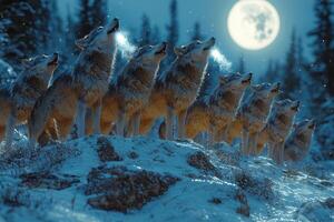 Wolves Howling Under Winter Moonlit Sky photo