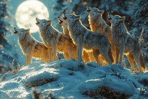 Wolves Howling at the Moon in Snowy Wilderness photo