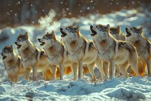 A Pack Of Wolves Howling In Snowy Winter photo