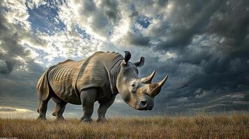 Rhino Stands in Serene Grassland Under Dramatic Sky photo